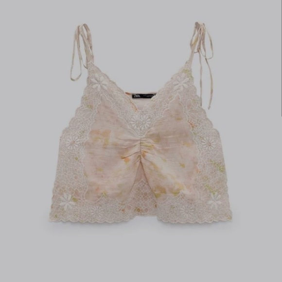 Zara Tie-Dye Embroidered Cream pink Top Cotton Cropped Shoulder ties Size S - Picture 3 of 10